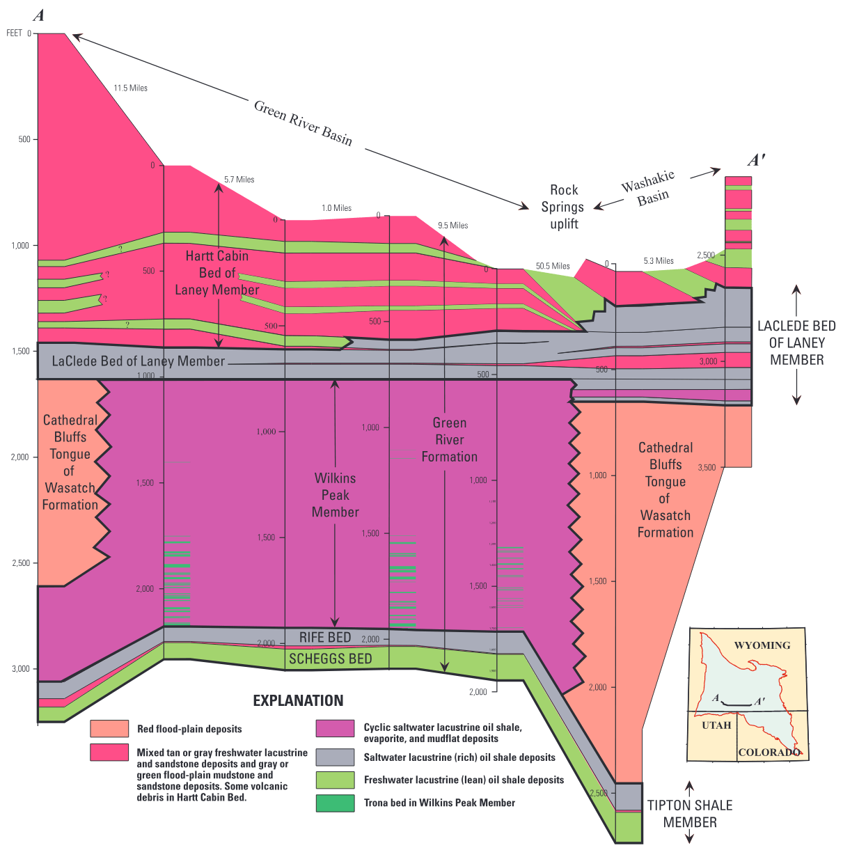 East-west stratigraphic cross section showing stratigraphic boundaries of the three oil shale units assessed (heavy black outlines) and related stratigraphic units (modified from J