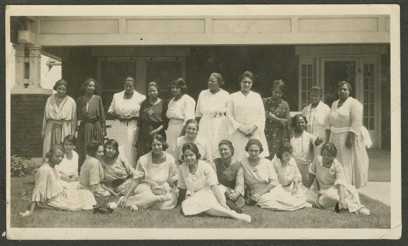 Photograph album page with three photographs of women in Tulsa, Oklahoma