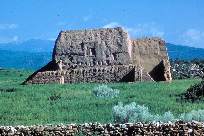Old mission church mud walls in a grassland with tree covered mountains in the background.