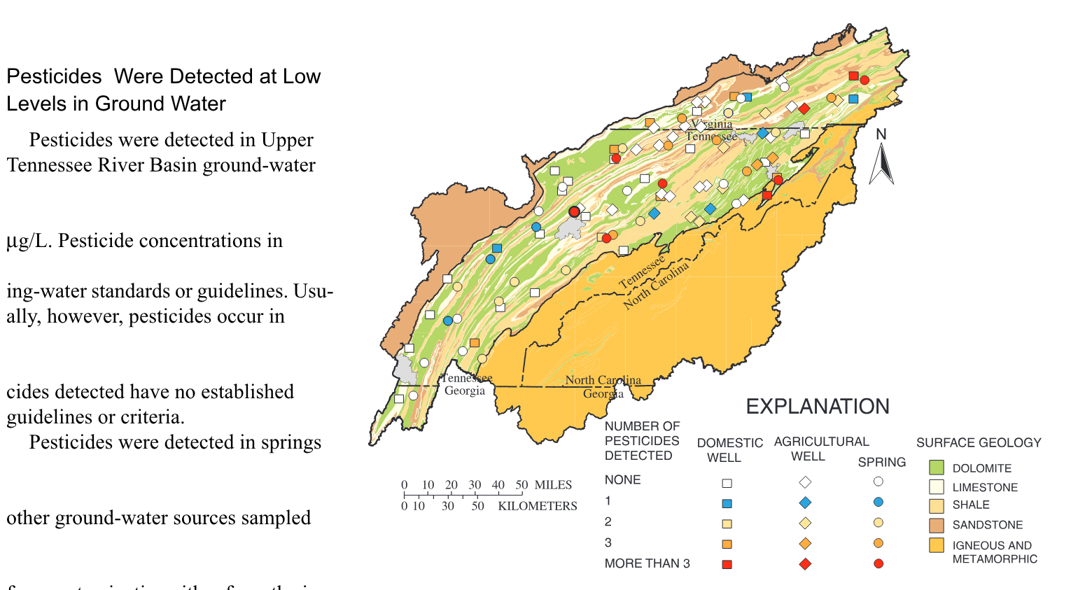 Pesticides were detected at low concentrations in Upper Tennessee River Basin ground water.