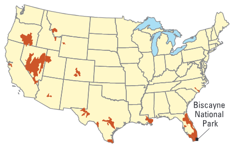 Known U.S. distribution of Melanoides tuberculatus as of April 2006; the non-native snail may have expanded its range from the areas shown.