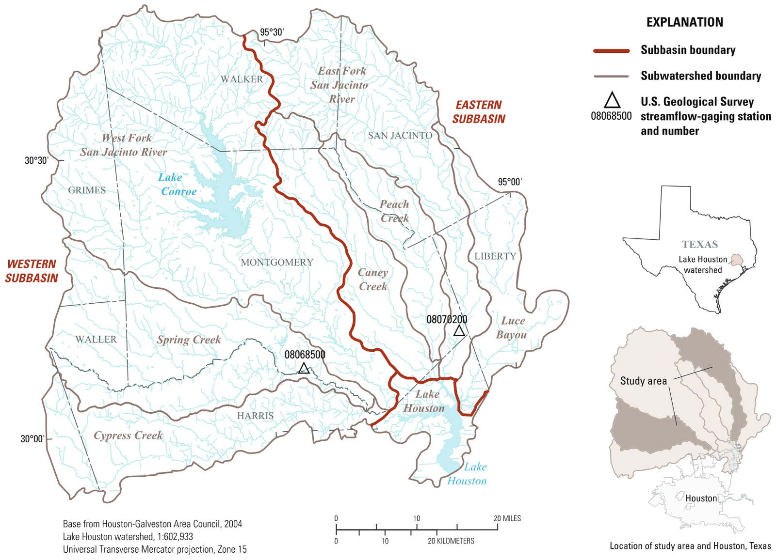 Lake Houston watershed and tributary subwatersheds and location of U.S. Geological Survey streamflow-gaging stations 08068500 Spring Creek near Spring, Texas, and 08070200 East For