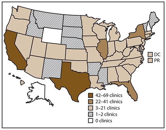 Map of the United States showing the number and location of clinics providing assisted reproductive technology in 2016, by quartile.