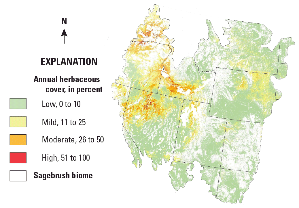 Map of the western United States showing annual herbaceous land cover, mostly 0 to 10 percent.