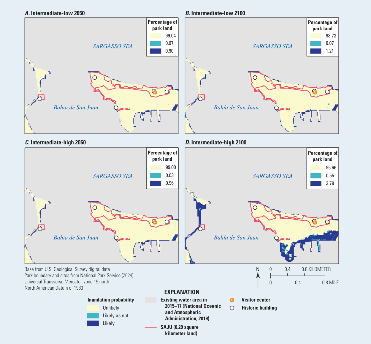 Four maps of the historic site shaded by the probability of inundation