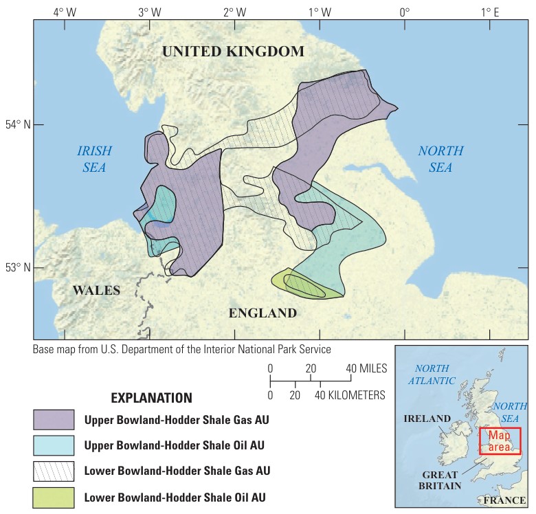 Map of northern England showing four shaded assessment units for upper and lower Bowland-Hodder shale gas and shale oil.