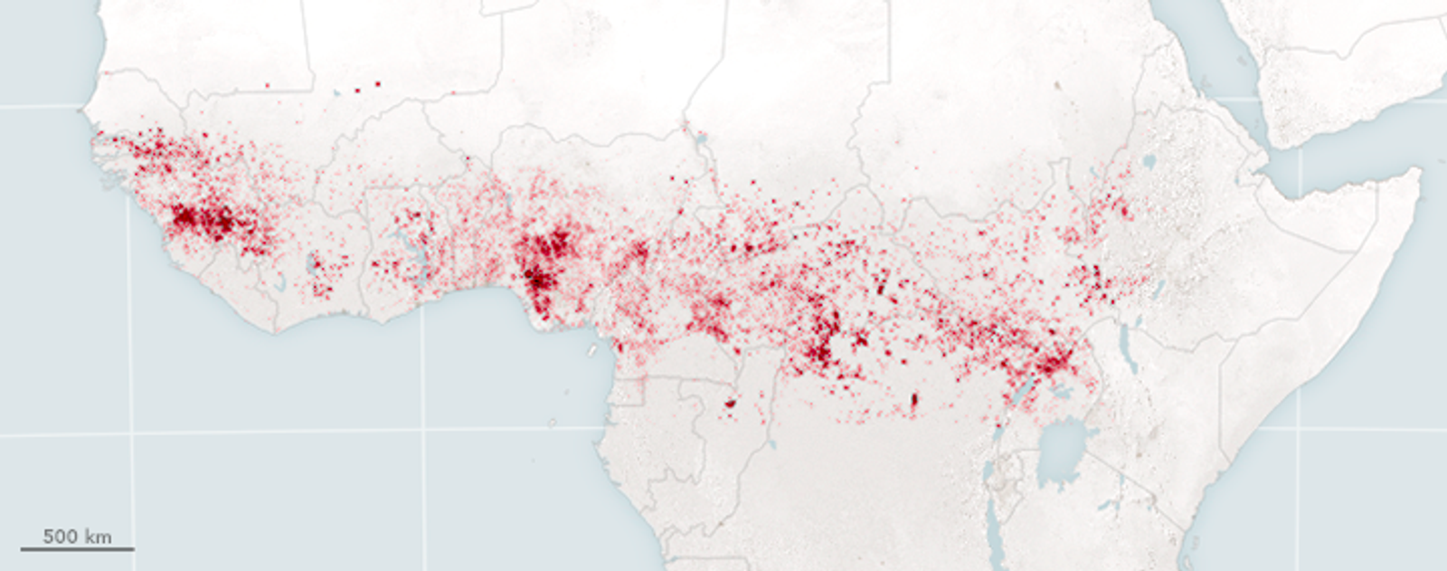 A map of Africa with red dots marking fires across the region south of the Sahara