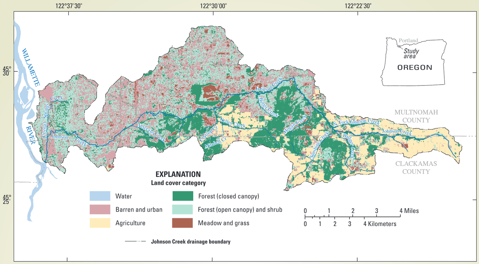 The Johnson Creek basin has a mix of land covers, which grade from forest and agricultural land in the upper basin to urban and industrial development in the lower basin.