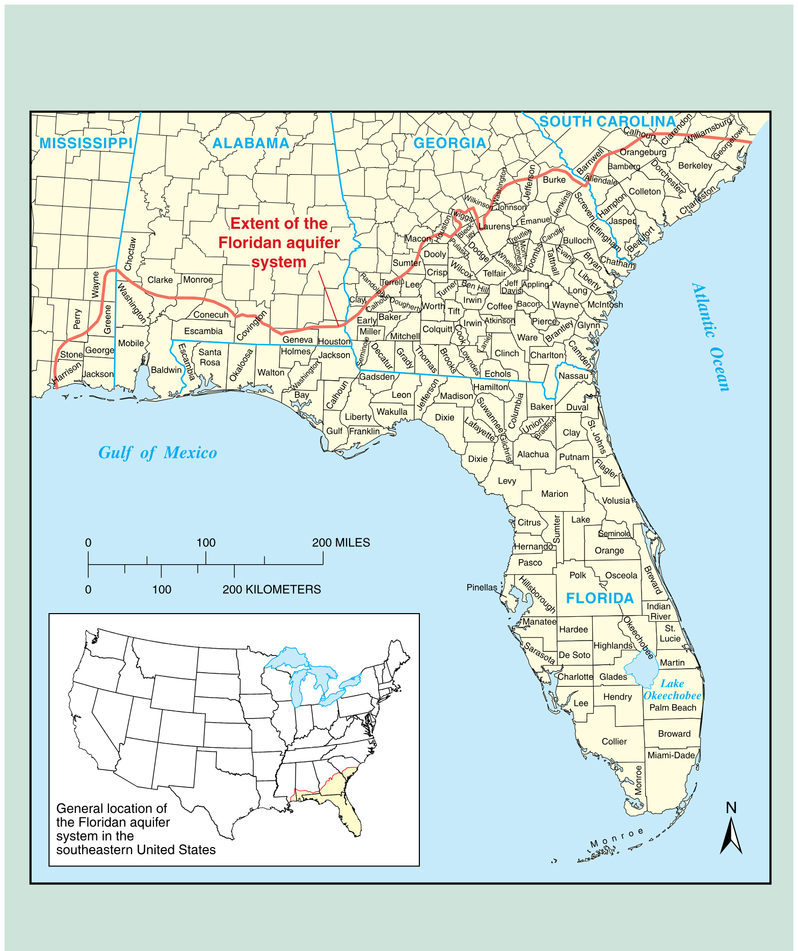 Extent of the Floridan aquifer system in the southeastern United States by county.