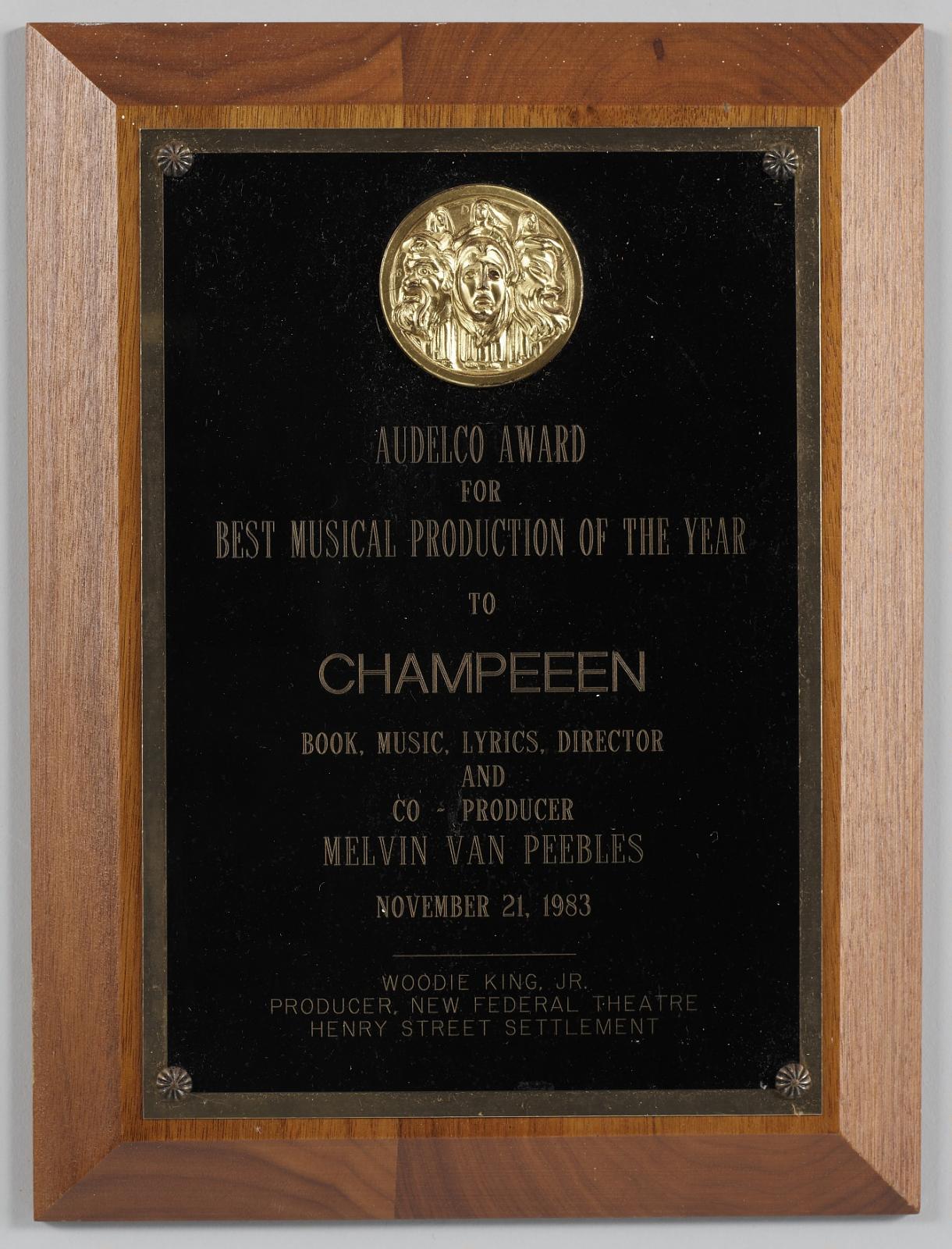 Audelco best musical production award for Champeen awarded to Melvin Van Peebles