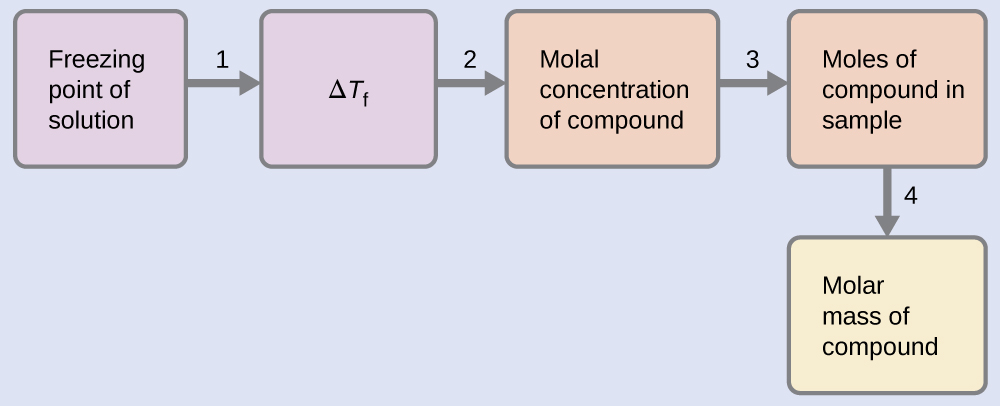 This is diagram with five boxes oriented horizontally and linked together with arrows numbered 1 to 4 pointing from each box in succession to the next one to the right. The first box is labeled, “Freezing point of solution.” Arrow 1 points from this box to a second box labeled, “delta T subscript f.” Arrow 2 points from this box to to a third box labeled “Molal concentration of compound.” Arrow labeled 3 points from this box to a fourth box labeled, “Moles of compound in sample.” Arrow 4 points to a fifth box labeled, “Molar mass of compound.”