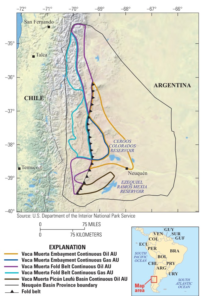 Map of the Neuquén Basin Province showing the five Vaca Muerta assessment units, including the embayment, fold belt and Picún Leufú Basin units