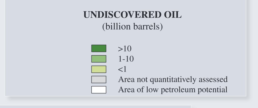 Provinces in the Circum-Arctic Resource Appraisal (CARA) color-coded for mean estimated undiscovered oil in oil fields.