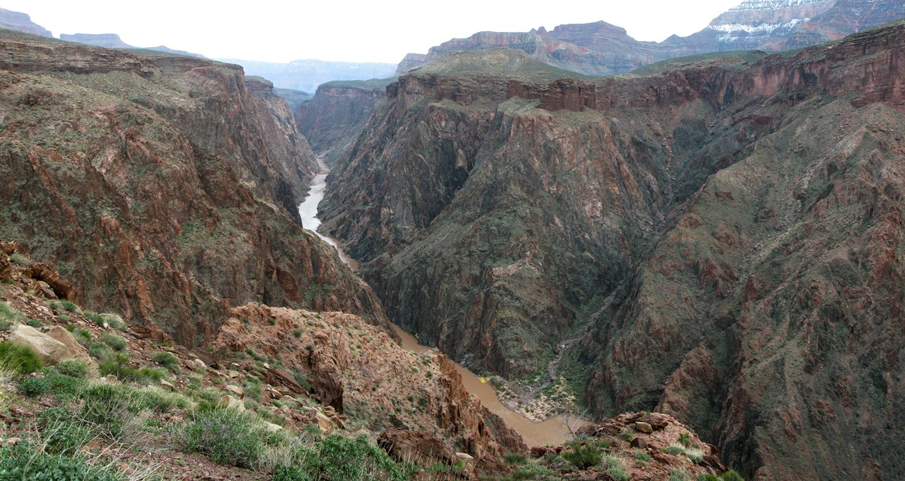 The inner gorge of the Grand Canyon with the Colorado River below.