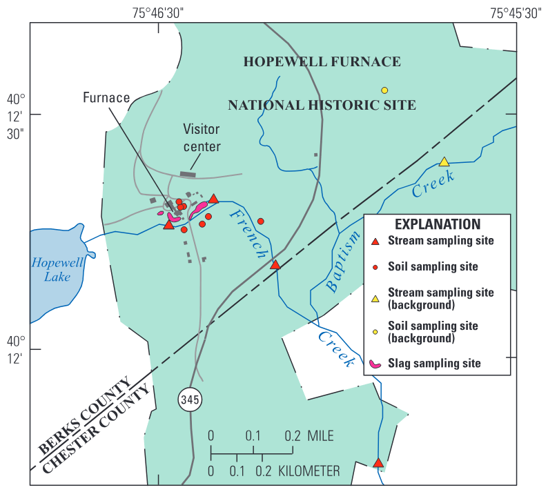 Locations of slag, soil, and stream sampling sites in Hopewell Furnace National Historical Site, Pennsylvania.