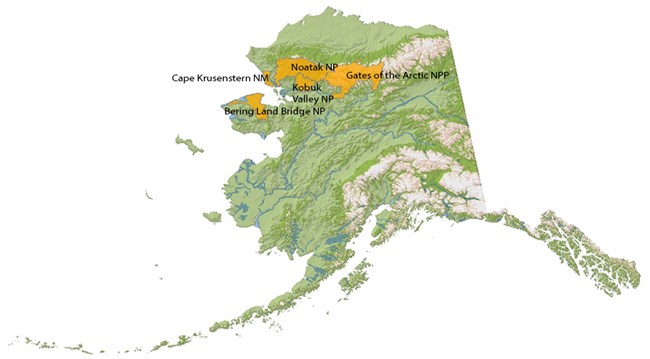 Map of Alaska showing the five Arctic Network parks