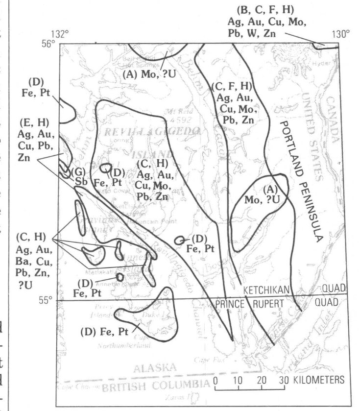 FIGURE 6.-Ketchikan-Prince Rupert study area, showing 17 areas favorable for occurrence of mineral resources and types of mineral deposits known or predicted in those areas (letter