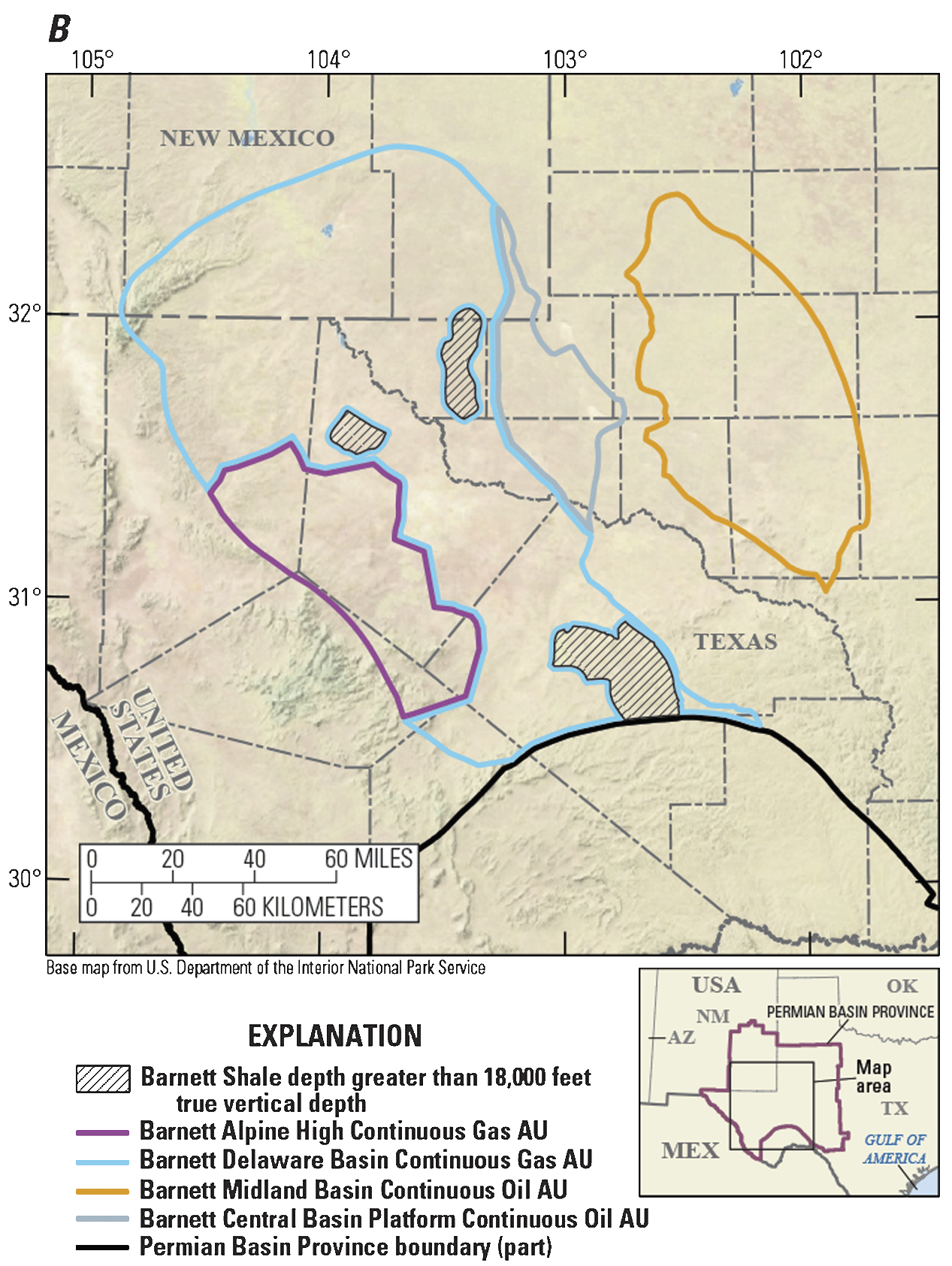 Map of the four continuous assessment units in the Barnett Shale.