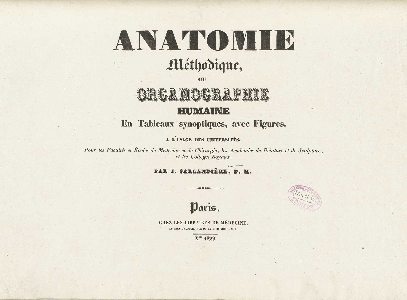 Title page of the Jean-Baptiste Sarlandière's Anatomie méthodique, ou Organographie humaine en tableaux synoptiques, avec figures.