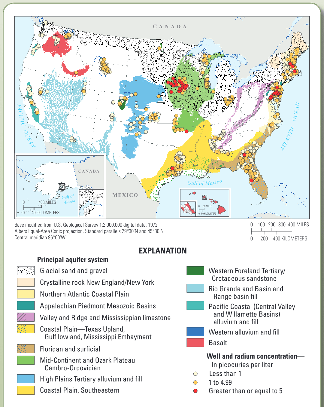 Elevated radium concentrations occur most commonly in aquifers in the eastern and central United States for the wells sampled in 15 principal aquifer systems across the United Stat