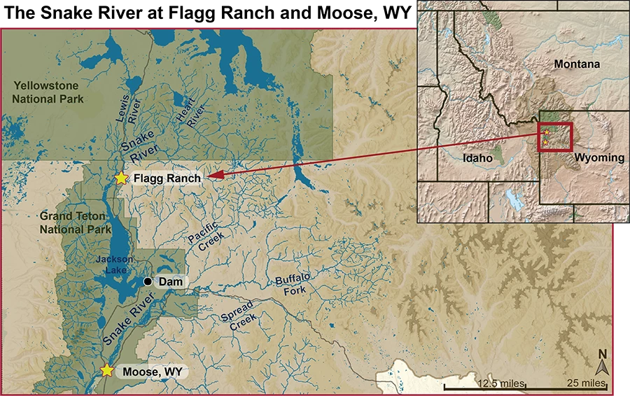 Map of the Snake River through Yellowstone and Grand Teton national parks, with Flagg Ranch north of Jackson Lake and Moose to the south.