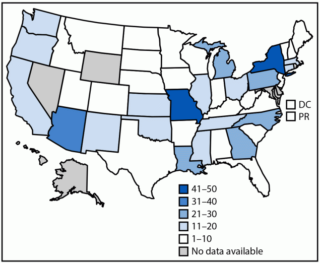 Map of the United States showing the number of reported lead poisoning cases linked to recalled cinnamon applesauce pouches by jurisdiction, November 2023–April 2024.
