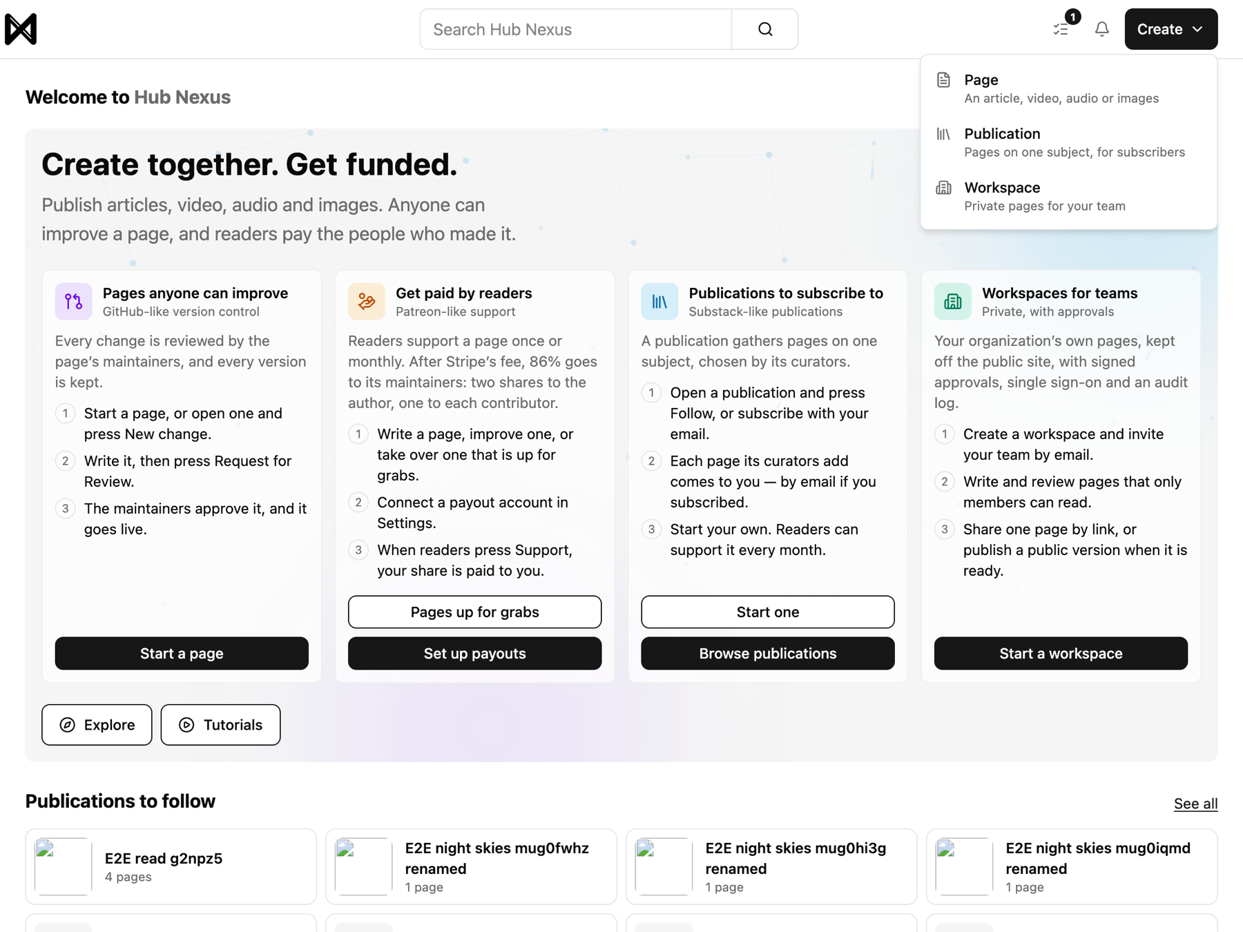 The Create menu: Page, Publication, Workspace