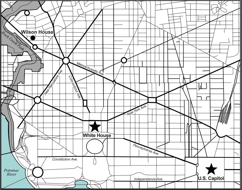 Map of Washington, D.C., showing the White House and the Wilson House.