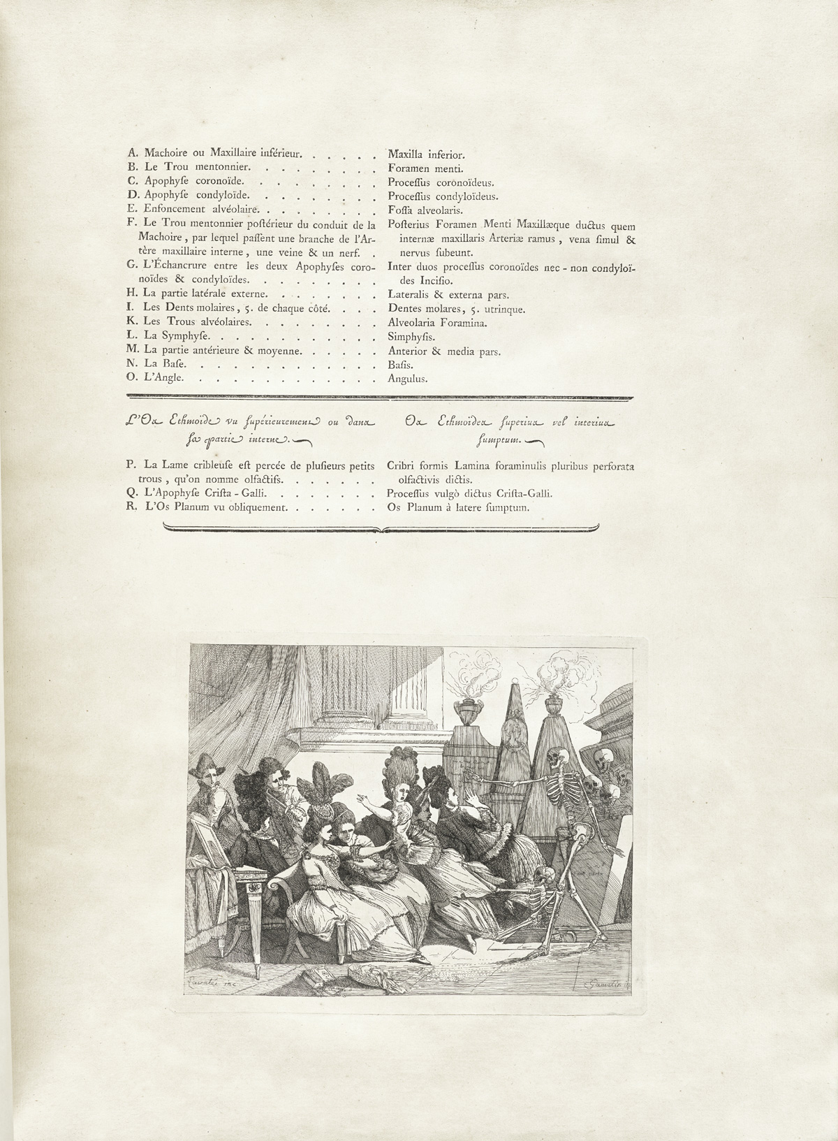 A page of text with an engraving of two skeletons attacking a group of revellers
