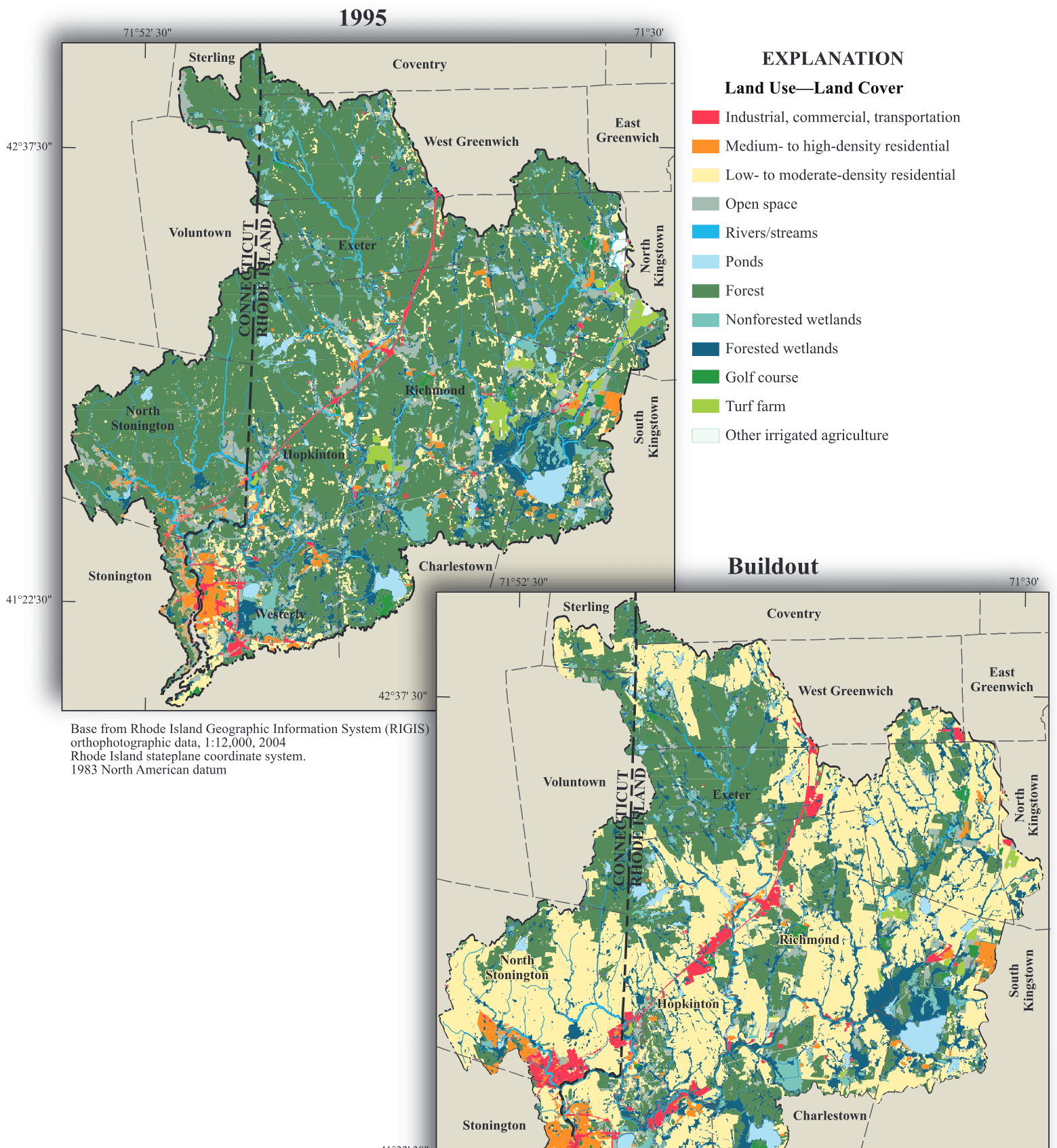 Representation of the simplified land use in the Pawcatuck River Basin simulated by the Hydrologic Simulation Program–FORTRAN model under 1995 conditions and projected buildout con
