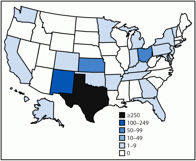 Map of the United States showing the number of confirmed measles cases reported by each state, January 1–April 17, 2025.