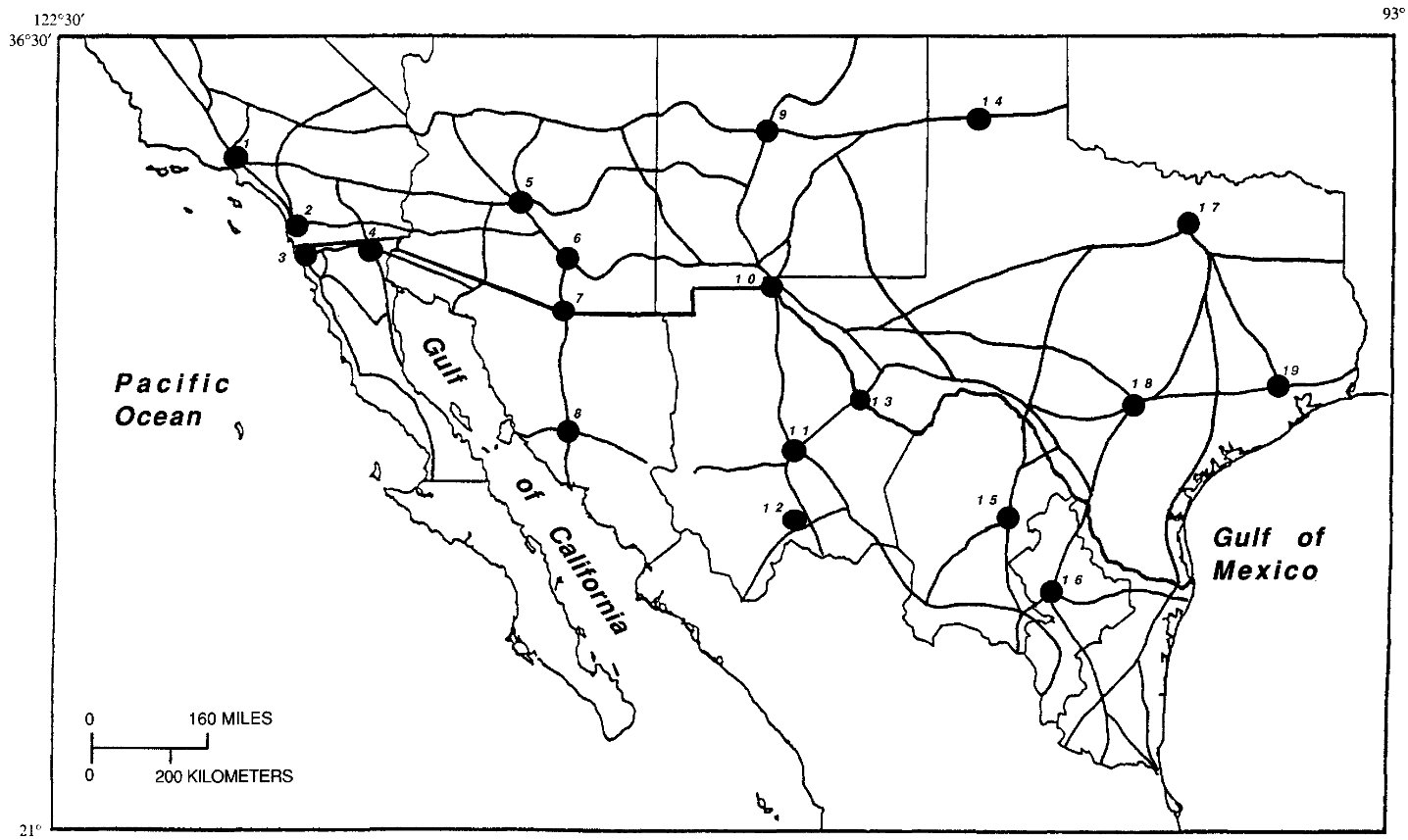 Selected primary paved highways and roads in and Diego; 3, Tijuana; 4, Mexicali; 5, Phoenix; 6, Tucson; 7, adjacent to the U.S.-Mexico border region.