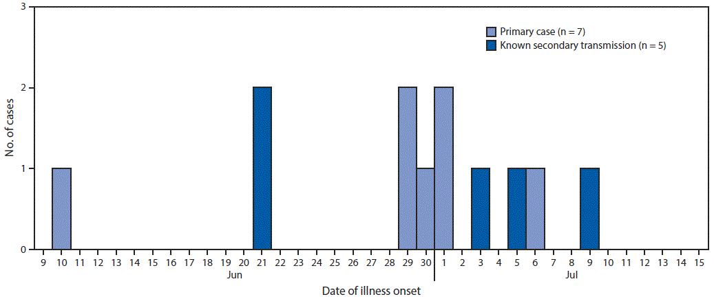 Chart of the number of cases by date of illness onset, June–July 2017