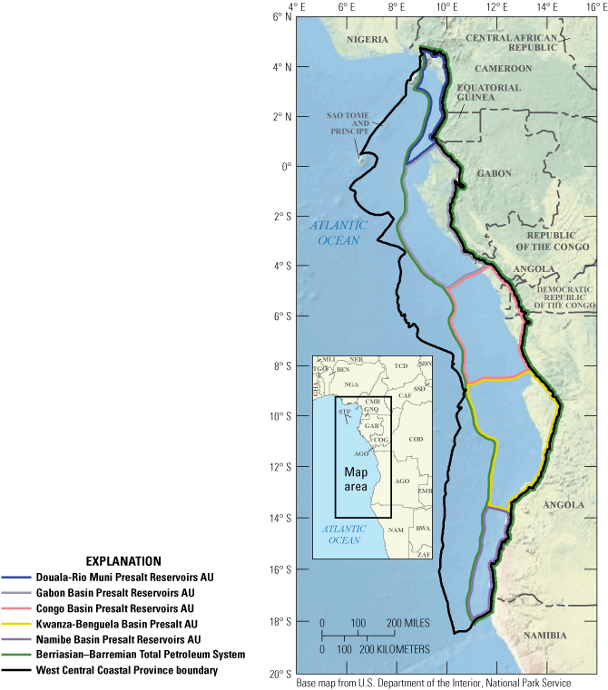 Map of five assessment units along the coast of west-central Africa, from Cameroon to Namibia.