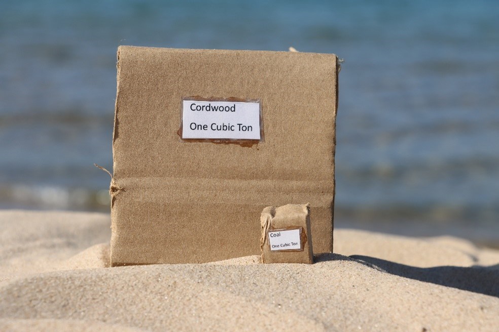 A large cardboard cube labeled "Cordwood one cubic ton" beside a much smaller one labeled "Coal one cubic ton" on a beach.