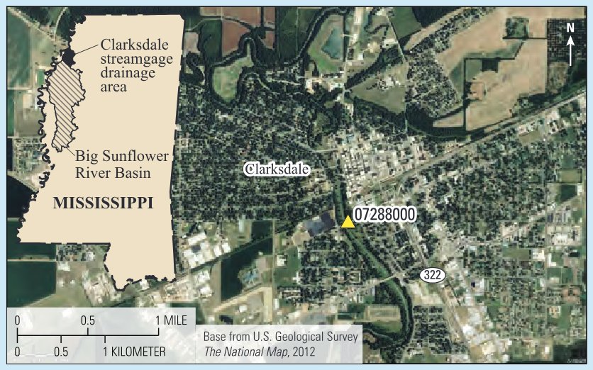 Location of U.S. Geological Survey streamgage 07288000 at the Big Sunflower River at Clarksdale, Mississippi.