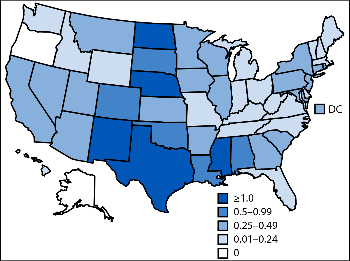 Map of the United States showing the incidence of neuroinvasive West Nile virus disease by state in 2024.