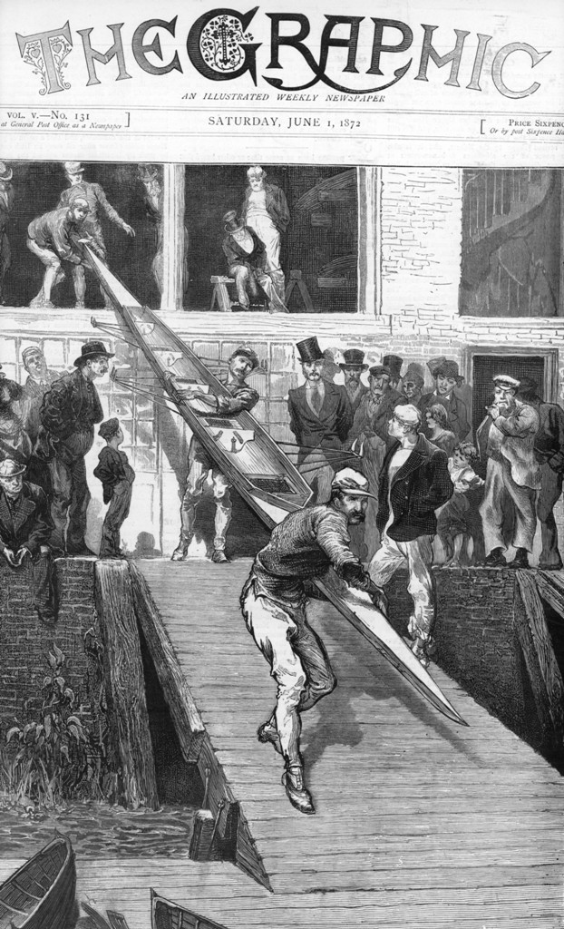 Atlanta launching from Biffen Boatbuilders 'Anchor' Boathouse (now Auriol Kensington R.C.)