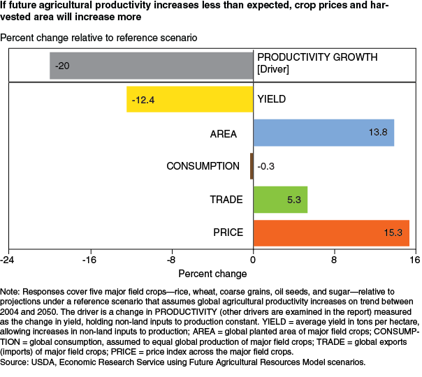 This chart shows: 'If future agricultural productivity increases less than expected, crop prices and harvested area will increase more'.