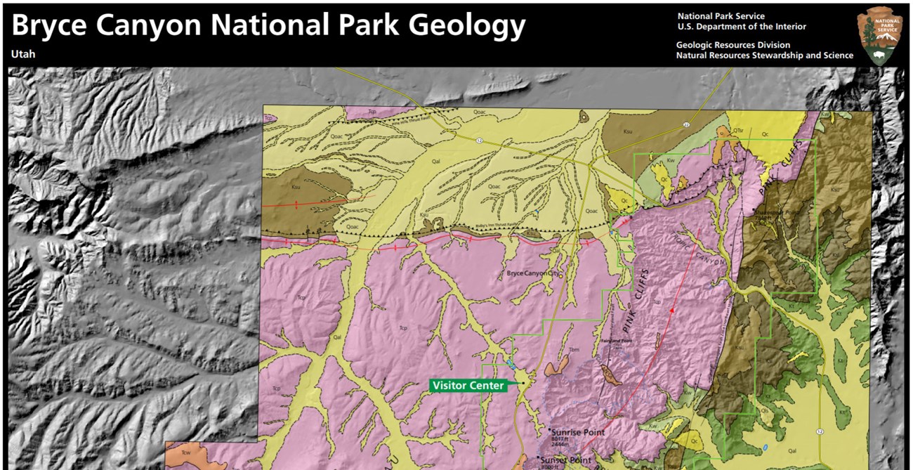 Park Service geologic map of Bryce Canyon National Park over shaded relief