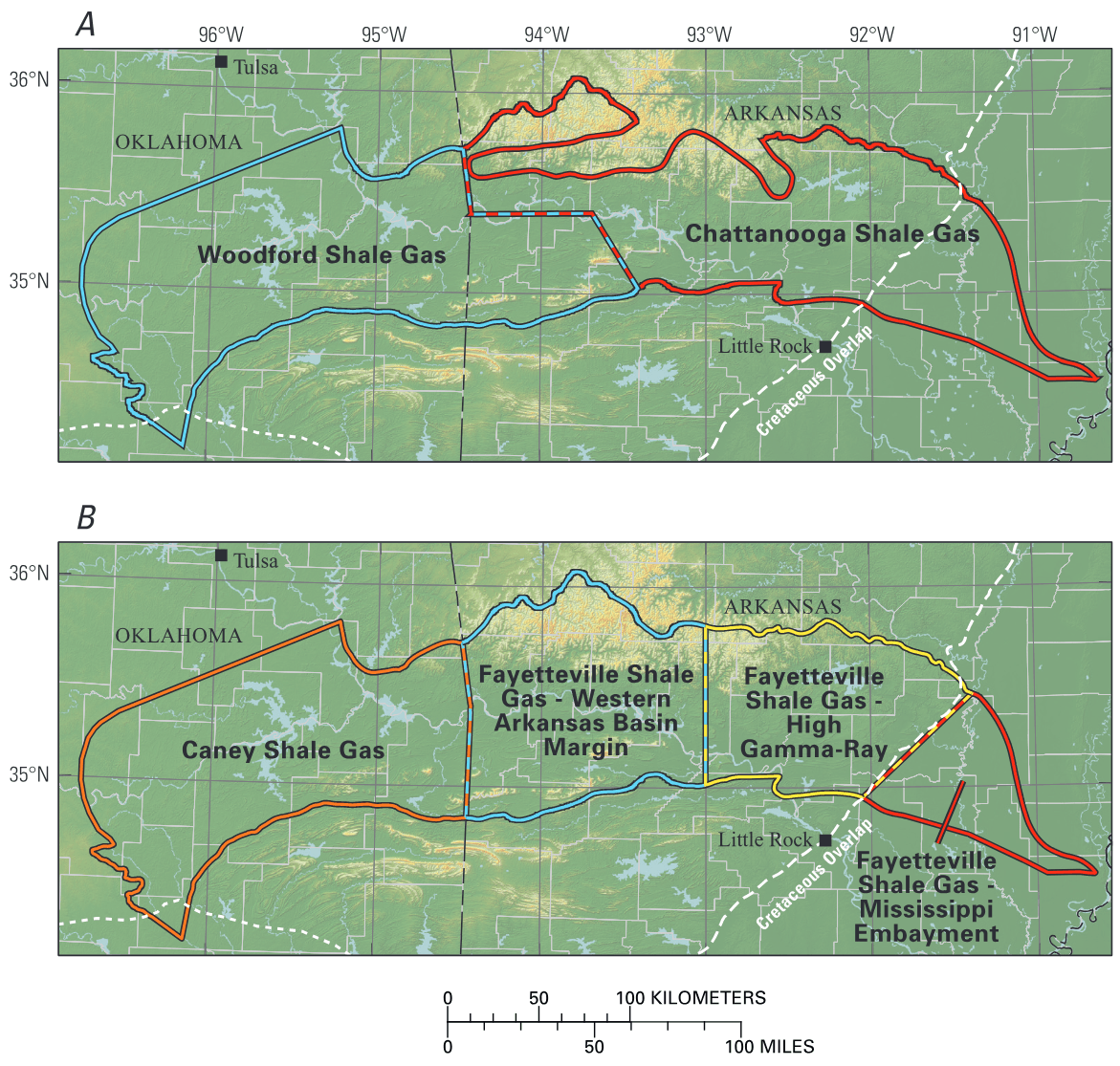 Specific boundaries for Arkoma Shale Gas assessment units (AU). (A) Two AUs in the Woodford and Chattanooga Shales, defined based on maps of high gamma-ray response in wireline log