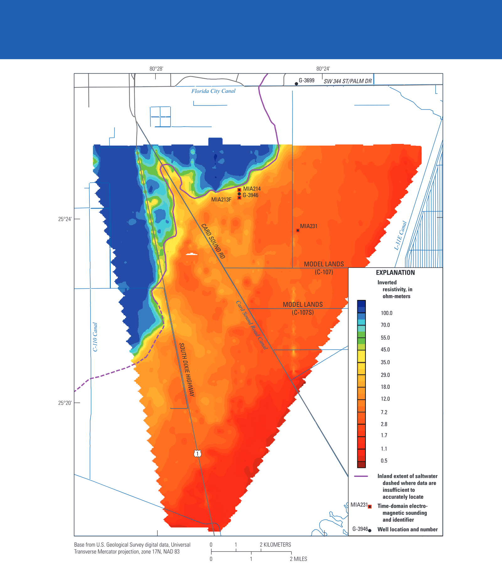 A 30-meter depth-inverted resistivity depth-slice map, from a helicopter electromagnetic survey collected in October 2001, in the Model Land, Miami-Dade County, Florida, and locati