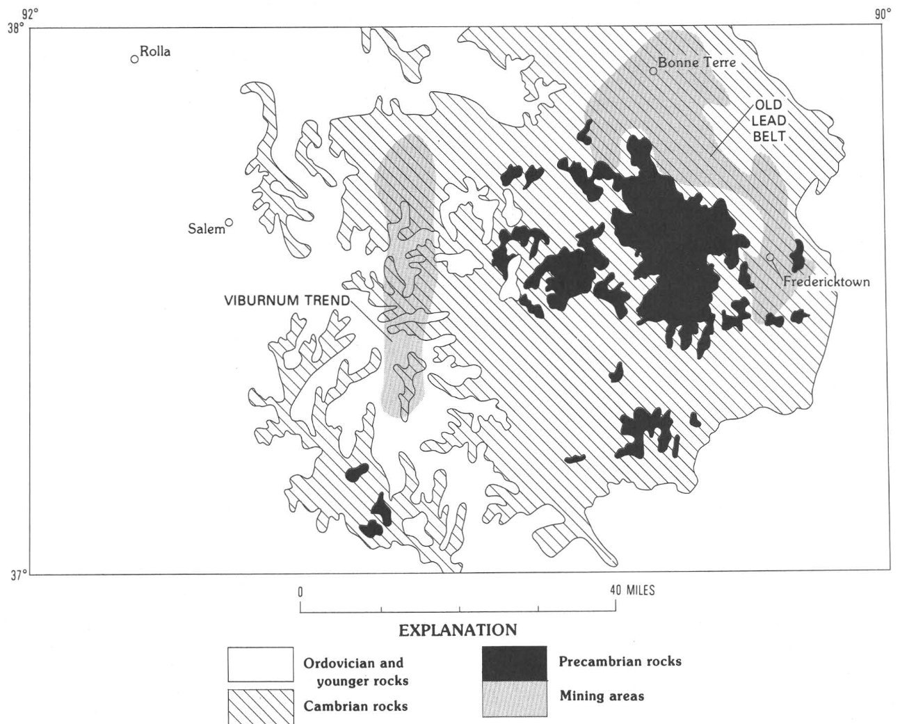 Generalized geology of Rolla 1°X2° quadrangle and areas of base-metal mining districts.