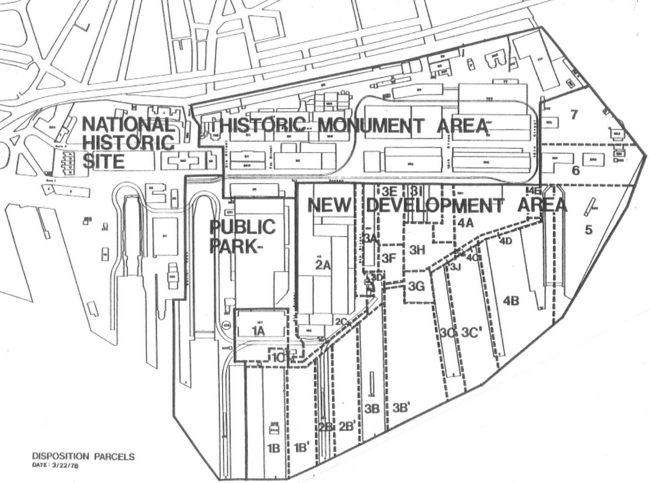 Map of the Charlestown Navy Yard divided into four zones: National Historic Site, Historic Monument Area, Public Park and New Development Area.