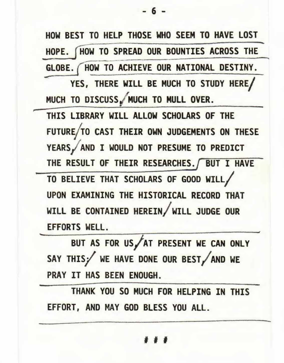 Last Page of President Reagan’s Groundbreaking Ceremony Speech for the Ronald Reagan Presidential Library, November 21, 1988. (Ronald Reagan Presidential Library and Museum, National Archives)