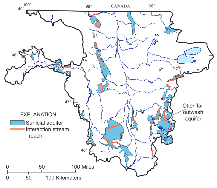 Several sites of possible stream-aquifer interaction occur in the Red River of the North Basin Study Unit.