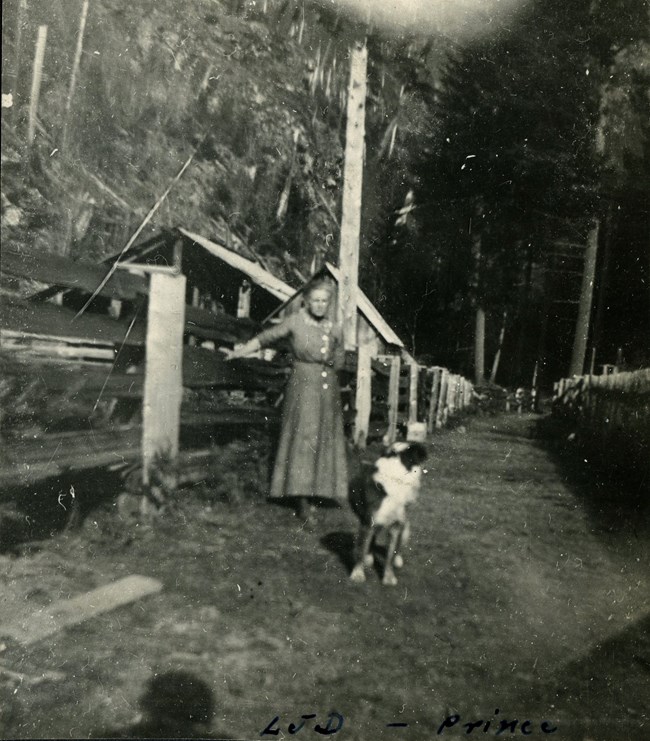 An old photograph of Lucinda Davis leaning on a fence at the family homestead, with her dog beside her
