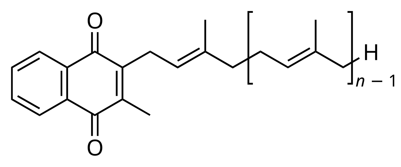 Vitamin K2, also known as menaquinone, comprises of varying numbers of unsaturated of isoprenoid residues. Similar to vitamin K1, a methylated naphthoquinone ring is presented. The common numbers of isoprenoid resides are usually 4 and 7, giving rise to MK-4 and MK7, respectively.