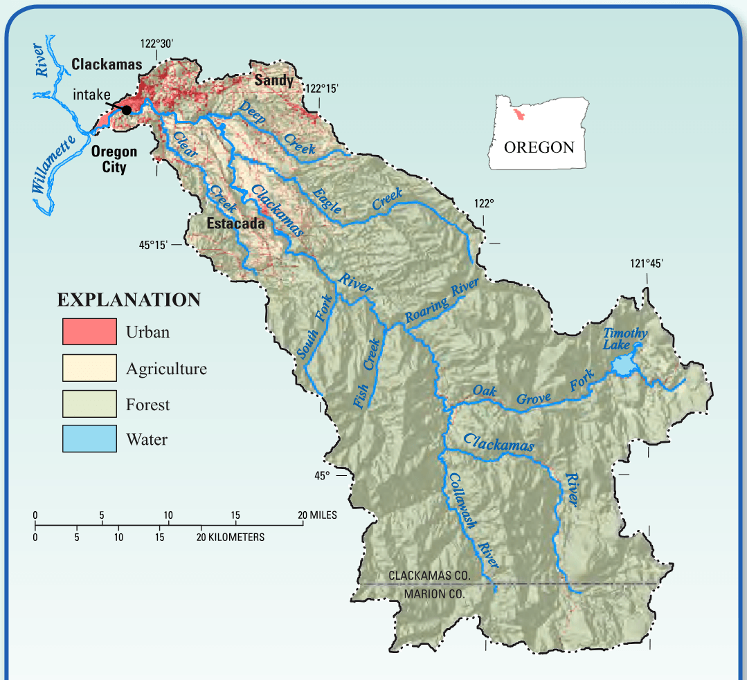 About 937 square miles of the Clackamas River basin are upstream of the community water system intake.
