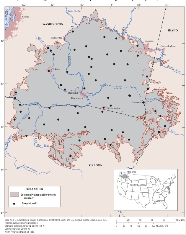 Map of the Columbia Plateau aquifer system across Washington, Oregon and Idaho, with dots for sampled wells.